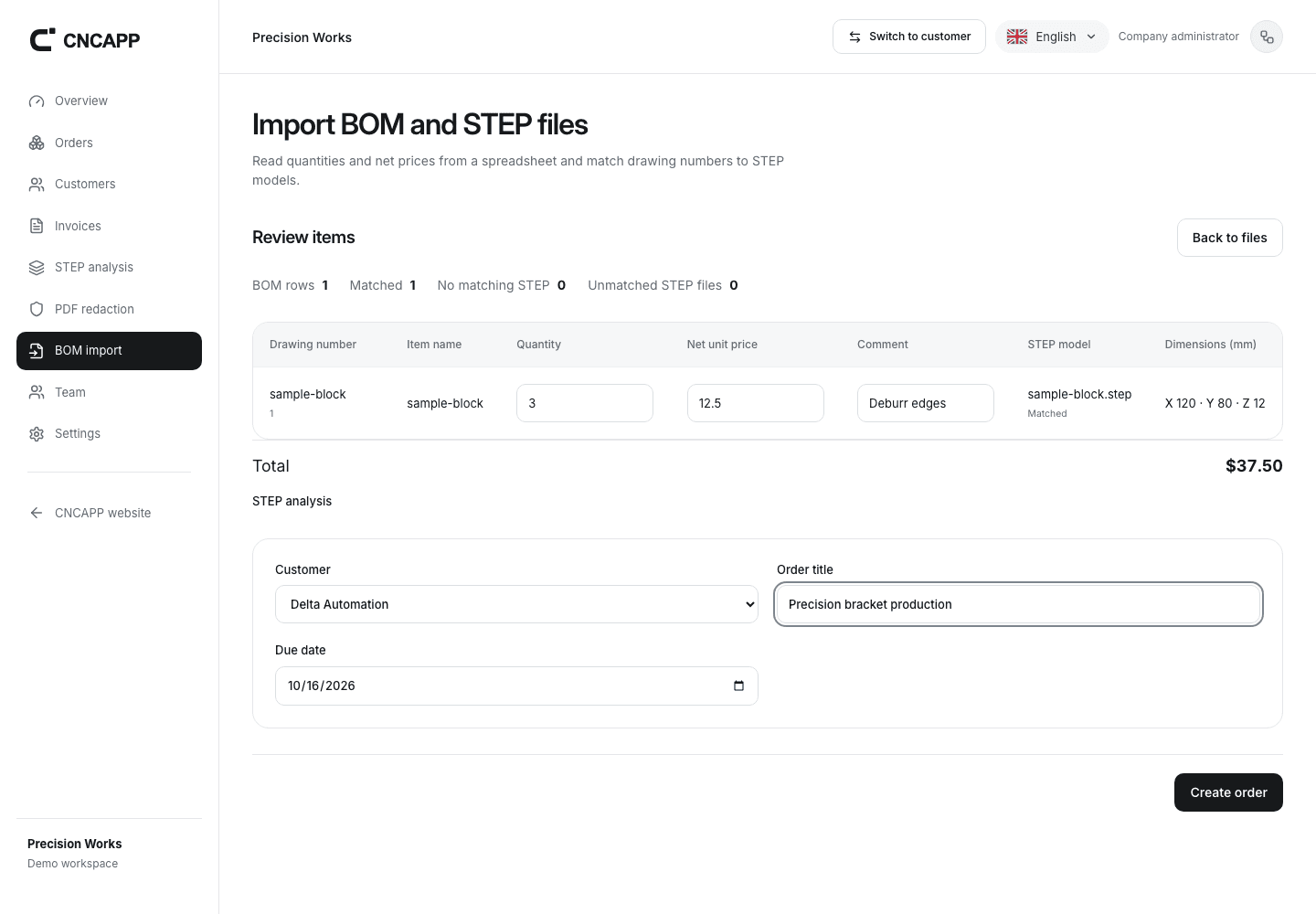 CNCAPP BOM import showing spreadsheet rows matched to STEP files, quantities, net prices and dimensions.