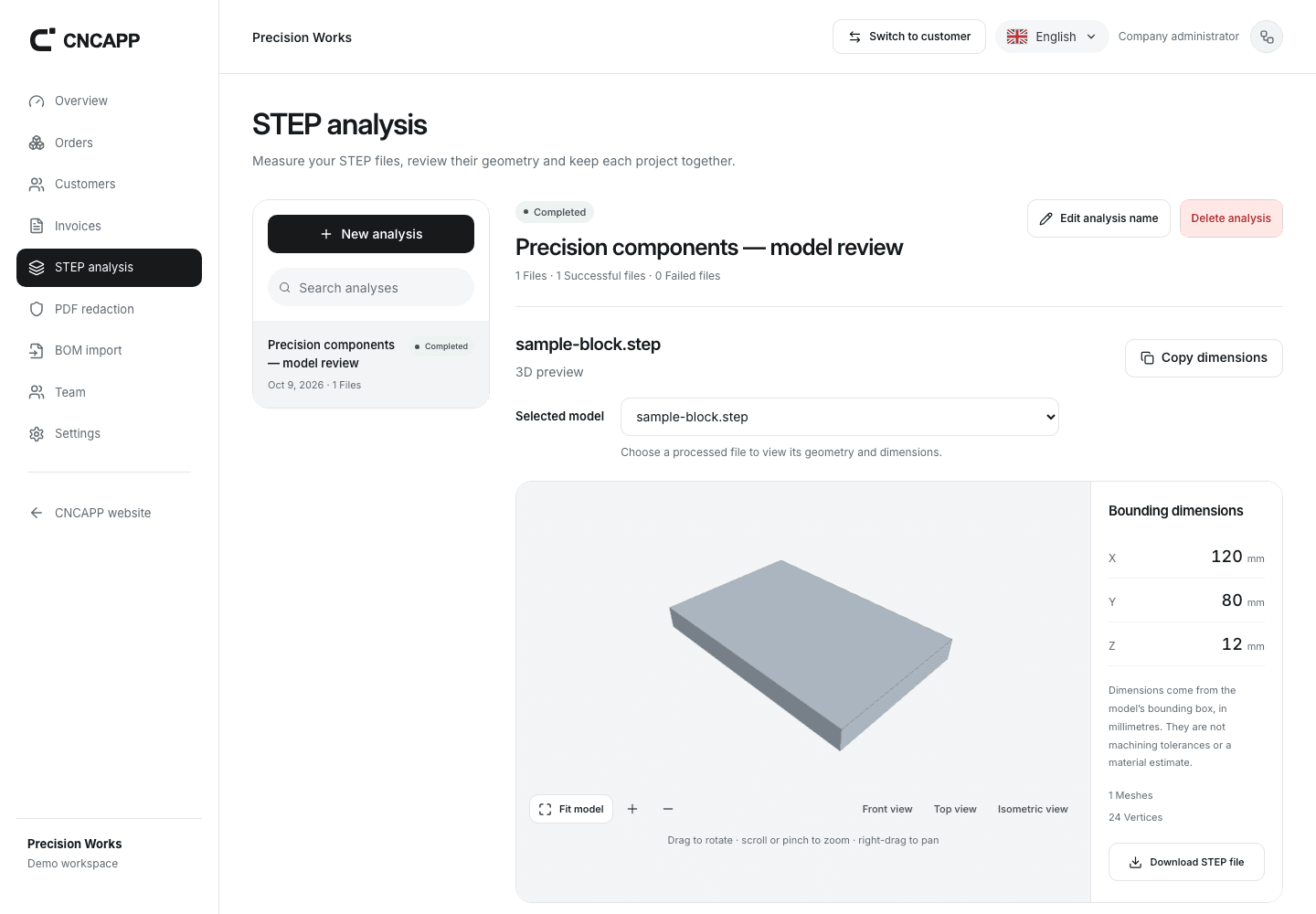 CNCAPP STEP analysis showing a selected model, its actual 3D geometry and measured dimensions.